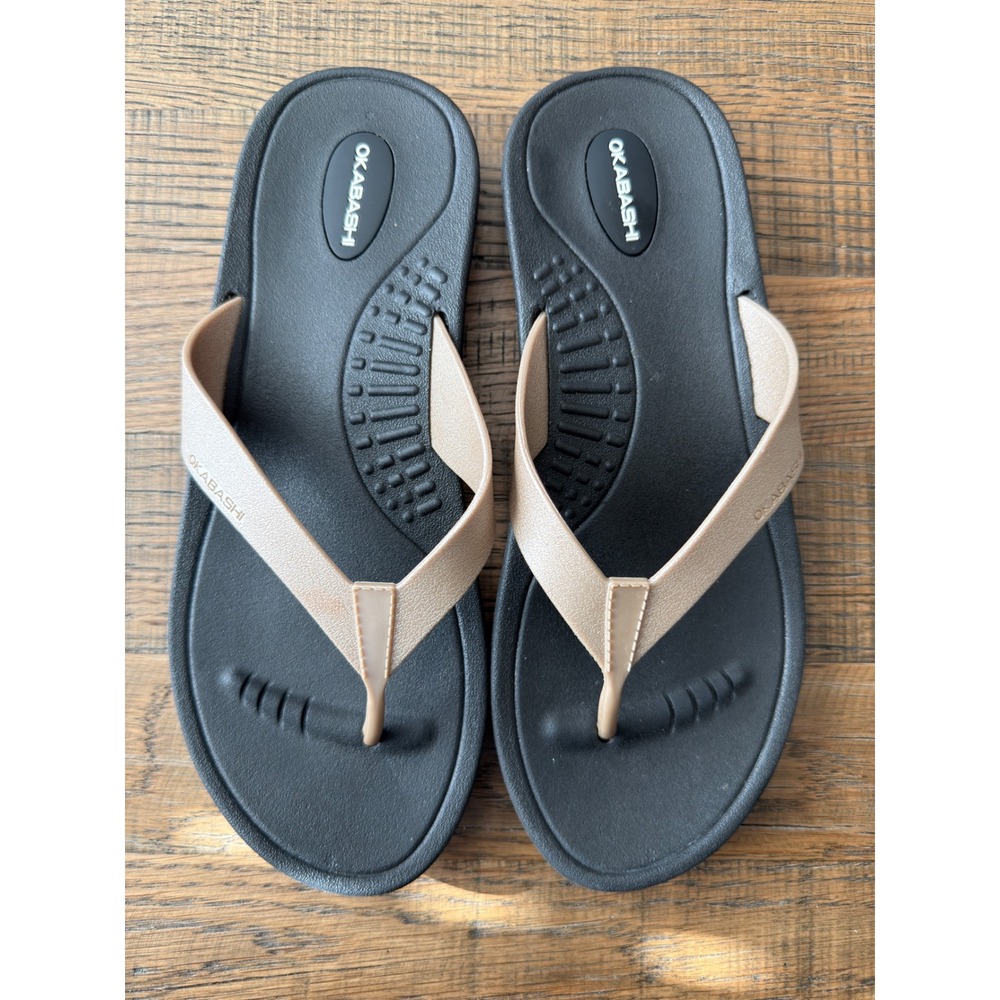 Okabashi Black Tan Ergonomic Flip Flop Sandals Womens Size M/L 8-9 Made in USA